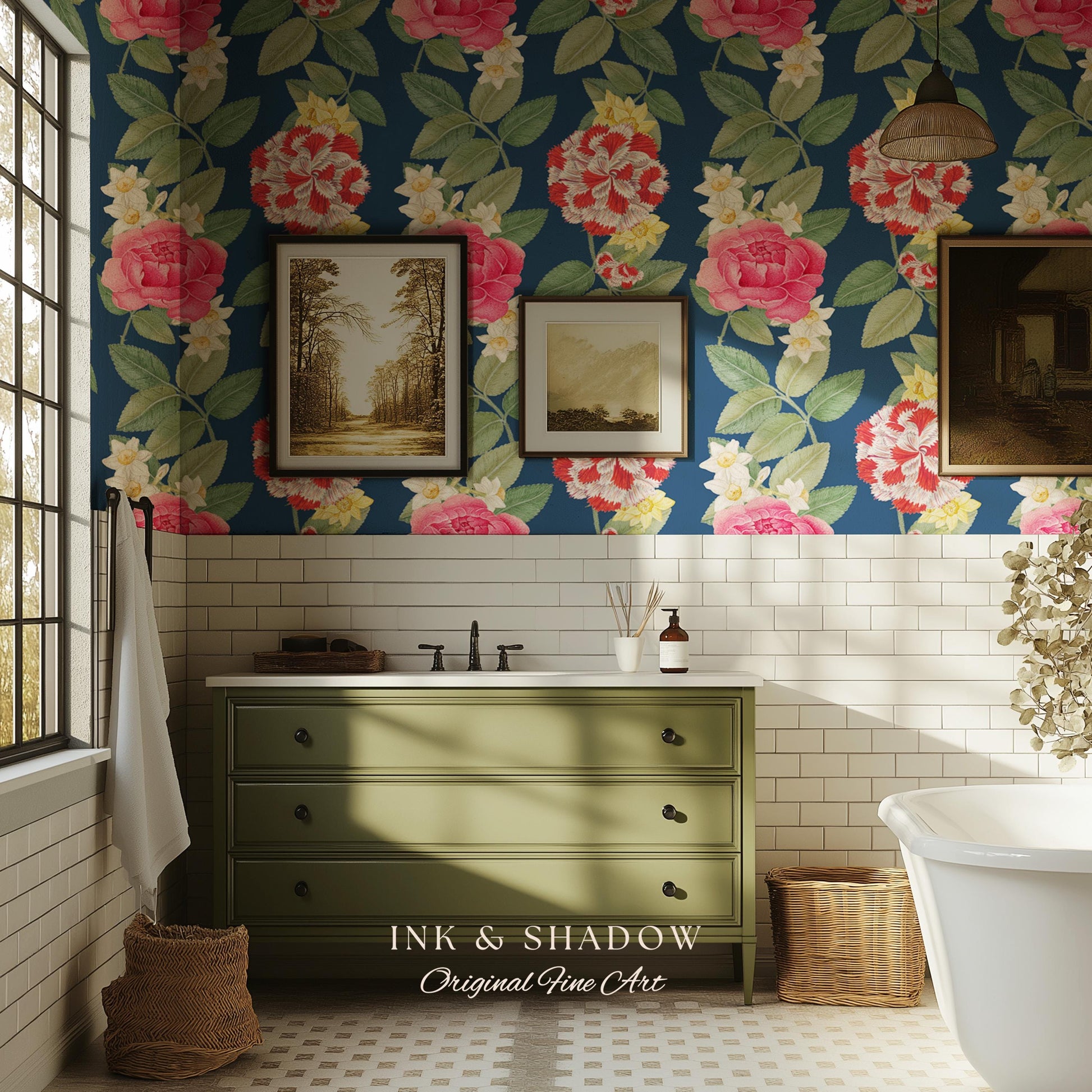 High Contrast Floral Stripe Wallpaper | Vertical Botanical Statement Wall Bold Bedroom Accent Renter Friendly Home Decor Roses Navy Blue