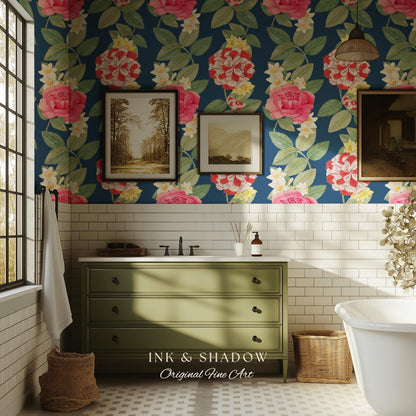 High Contrast Floral Stripe Wallpaper | Vertical Botanical Statement Wall Bold Bedroom Accent Renter Friendly Home Decor Roses Navy Blue