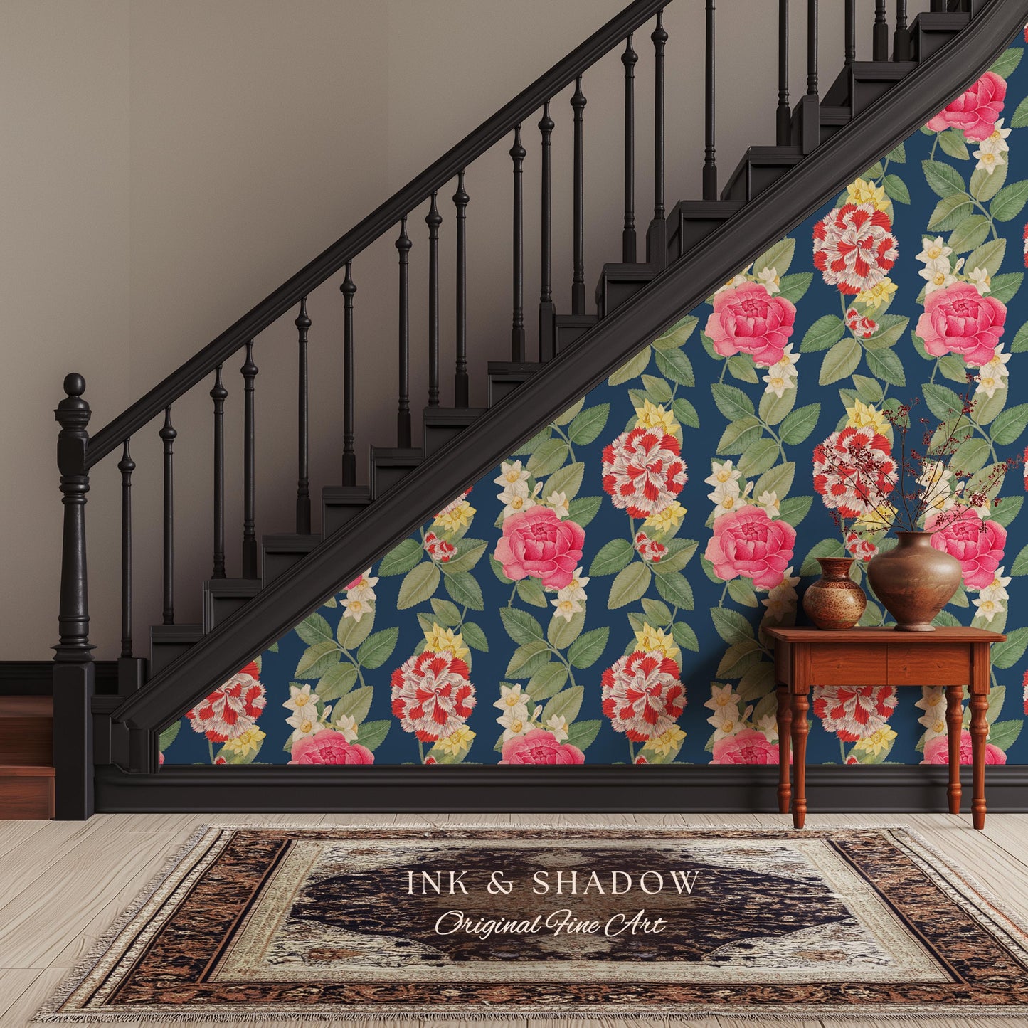 High Contrast Floral Stripe Wallpaper | Vertical Botanical Statement Wall Bold Bedroom Accent Renter Friendly Home Decor Roses Navy Blue