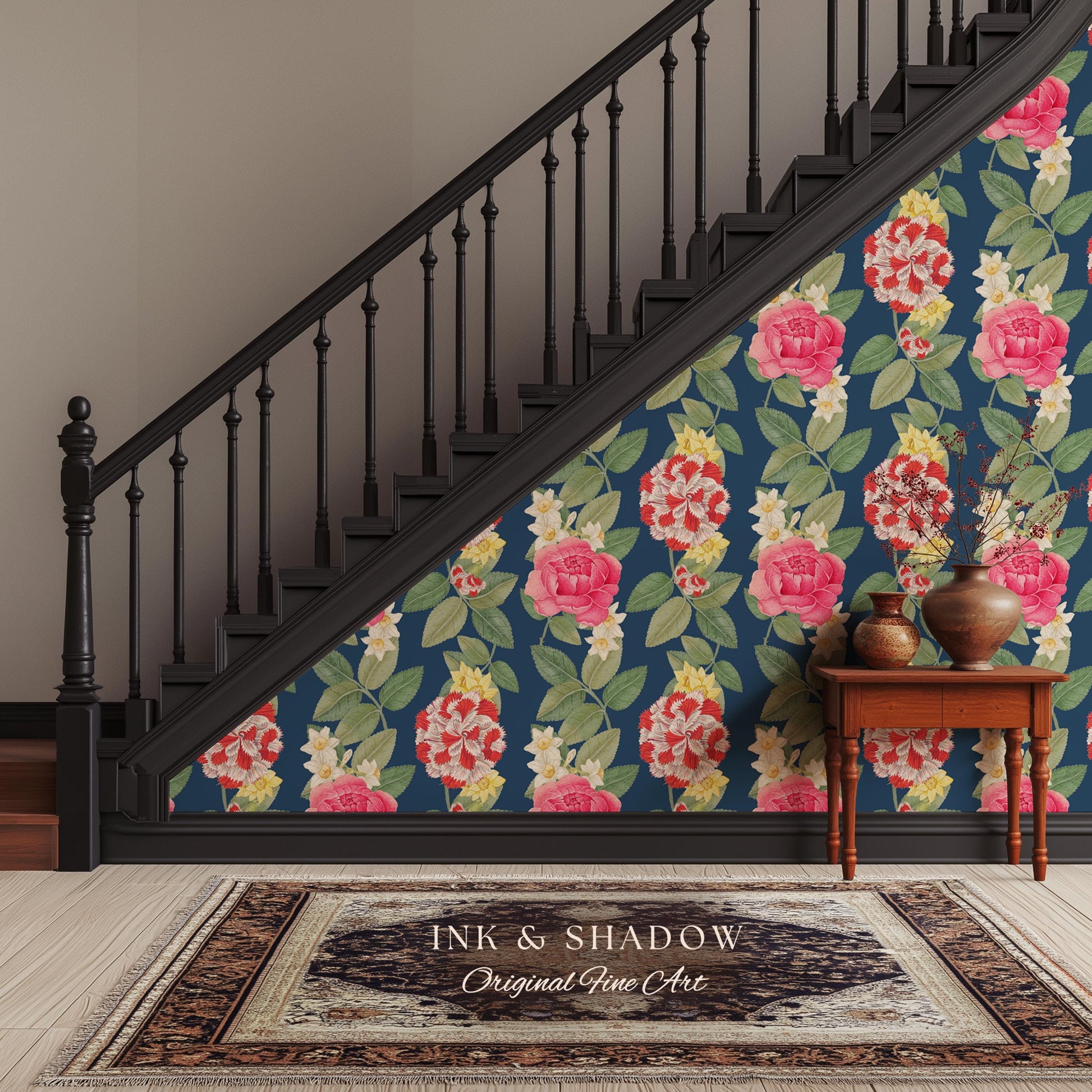 High Contrast Floral Stripe Wallpaper | Vertical Botanical Statement Wall Bold Bedroom Accent Renter Friendly Home Decor Roses Navy Blue