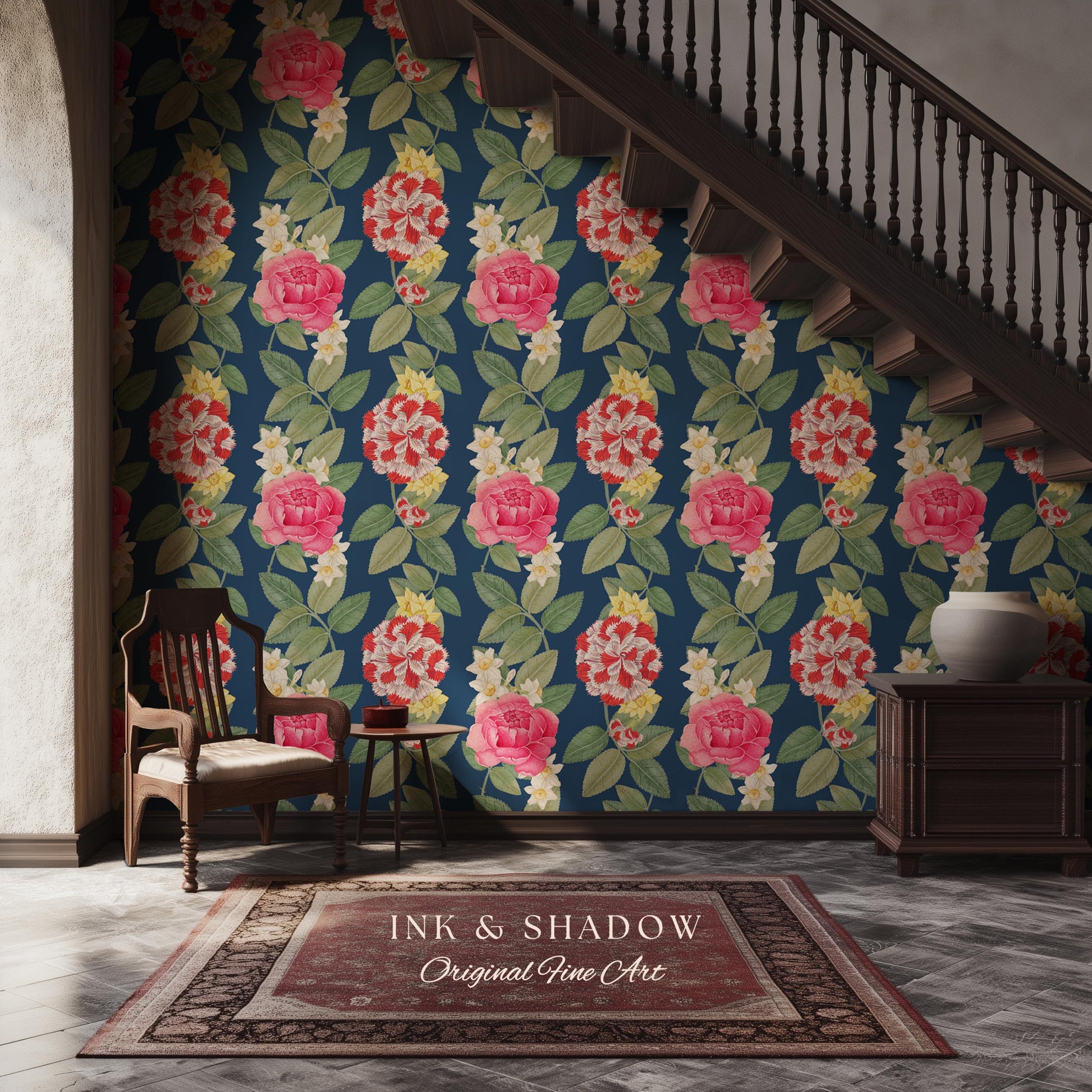 High Contrast Floral Stripe Wallpaper | Vertical Botanical Statement Wall Bold Bedroom Accent Renter Friendly Home Decor Roses Navy Blue