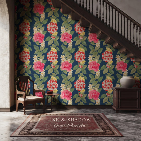 High Contrast Floral Stripe Wallpaper | Vertical Botanical Statement Wall Bold Bedroom Accent Renter Friendly Home Decor Roses Navy Blue