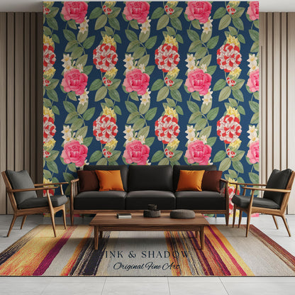High Contrast Floral Stripe Wallpaper | Vertical Botanical Statement Wall Bold Bedroom Accent Renter Friendly Home Decor Roses Navy Blue