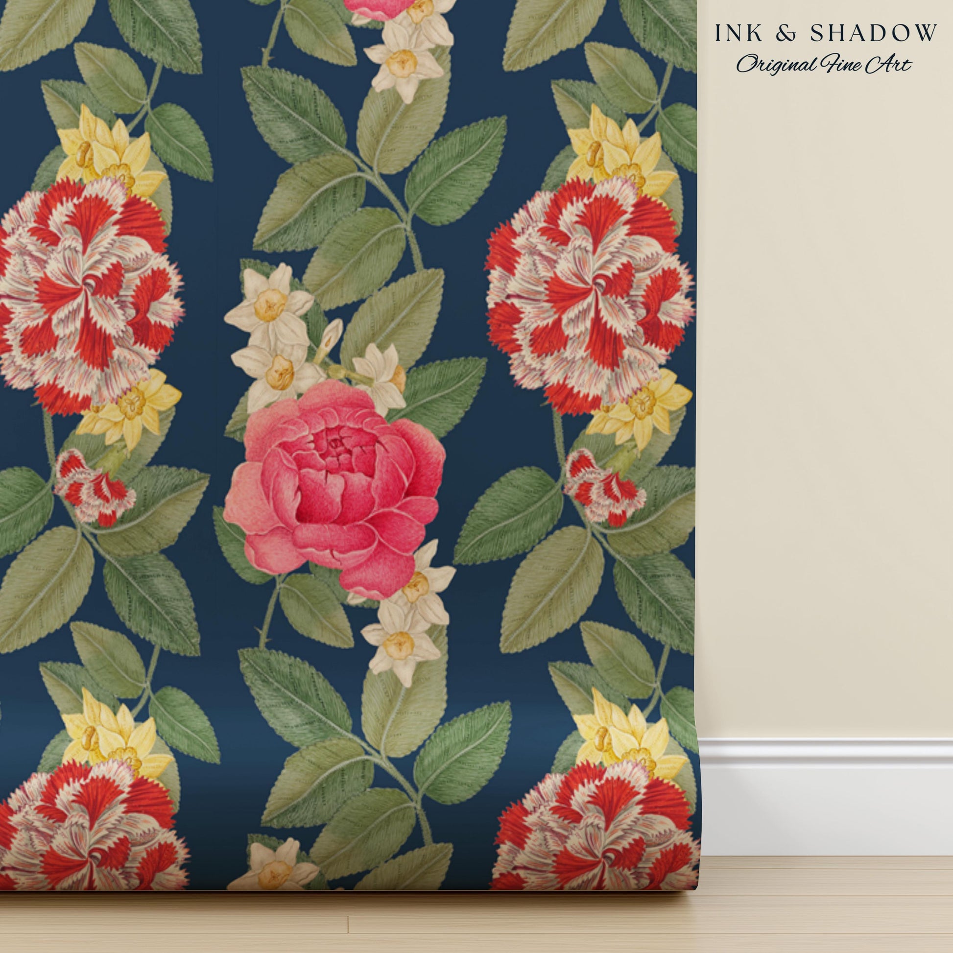 High Contrast Floral Stripe Wallpaper | Vertical Botanical Statement Wall Bold Bedroom Accent Renter Friendly Home Decor Roses Navy Blue