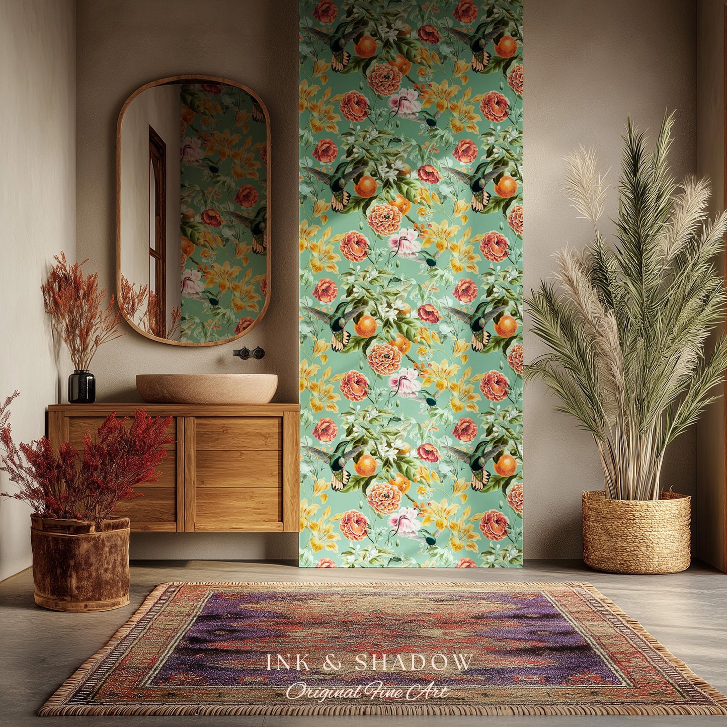 Ornate Maximalist Chinoiserie Wallpaper | Hummingbird Floral Teal Blue Botanical Print Peel and Stick Traditional Decor Renter Friendly