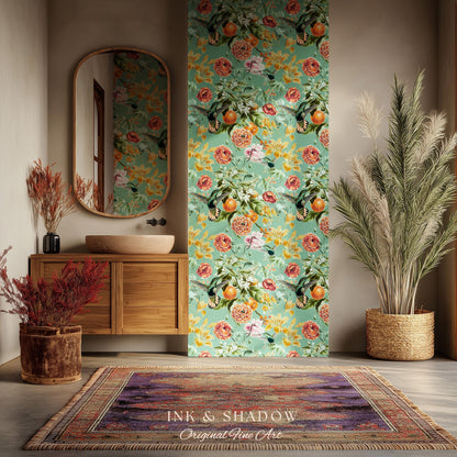 Ornate Maximalist Chinoiserie Wallpaper | Hummingbird Floral Teal Blue Botanical Print Peel and Stick Traditional Decor Renter Friendly