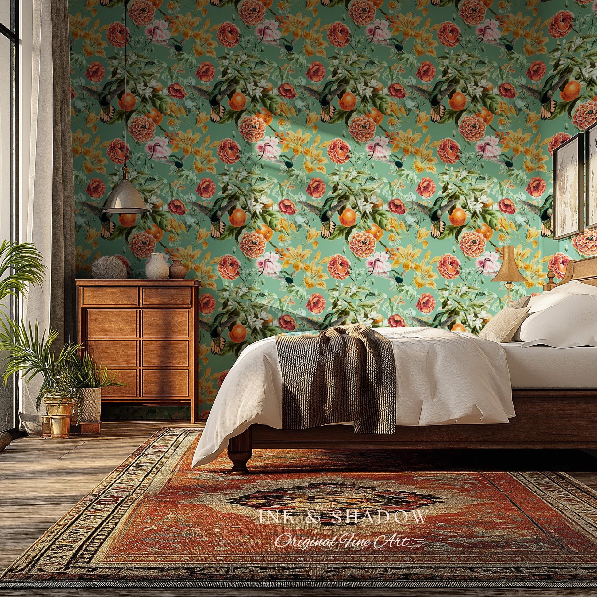 Ornate Maximalist Chinoiserie Wallpaper | Hummingbird Floral Teal Blue Botanical Print Peel and Stick Traditional Decor Renter Friendly