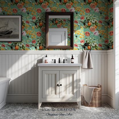 Ornate Maximalist Chinoiserie Wallpaper | Hummingbird Floral Teal Blue Botanical Print Peel and Stick Traditional Decor Renter Friendly