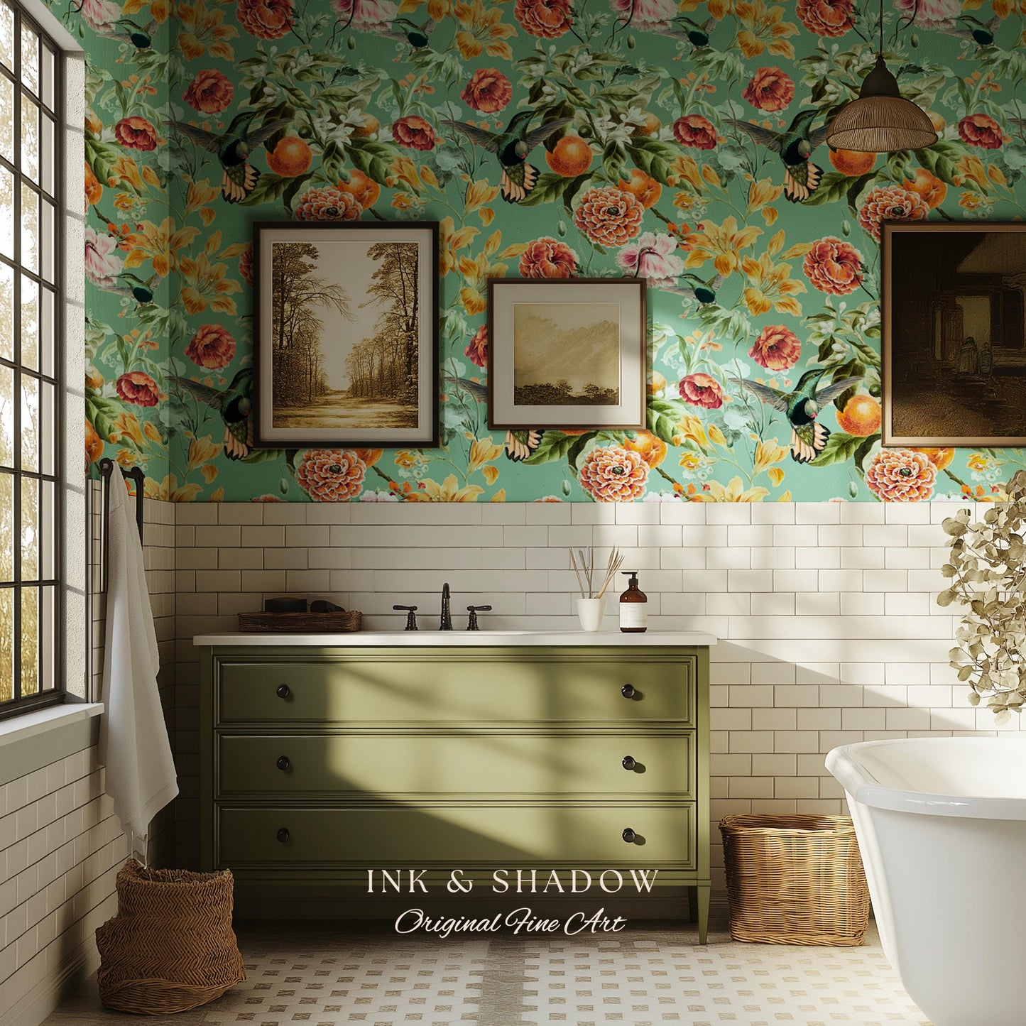 Ornate Maximalist Chinoiserie Wallpaper | Hummingbird Floral Teal Blue Botanical Print Peel and Stick Traditional Decor Renter Friendly
