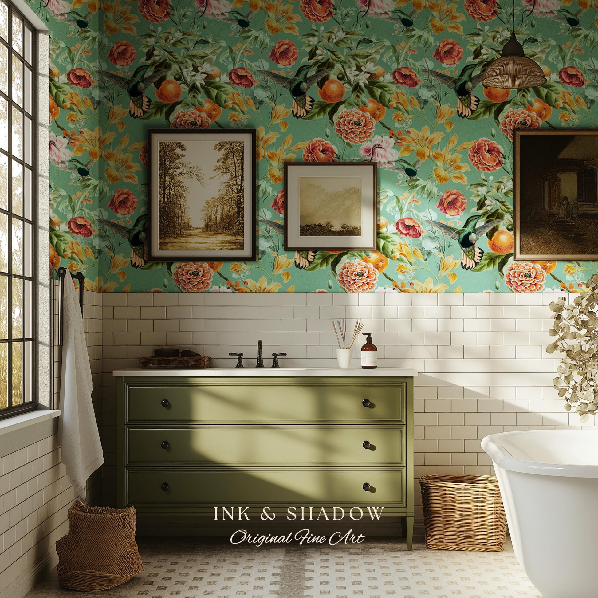 Ornate Maximalist Chinoiserie Wallpaper | Hummingbird Floral Teal Blue Botanical Print Peel and Stick Traditional Decor Renter Friendly