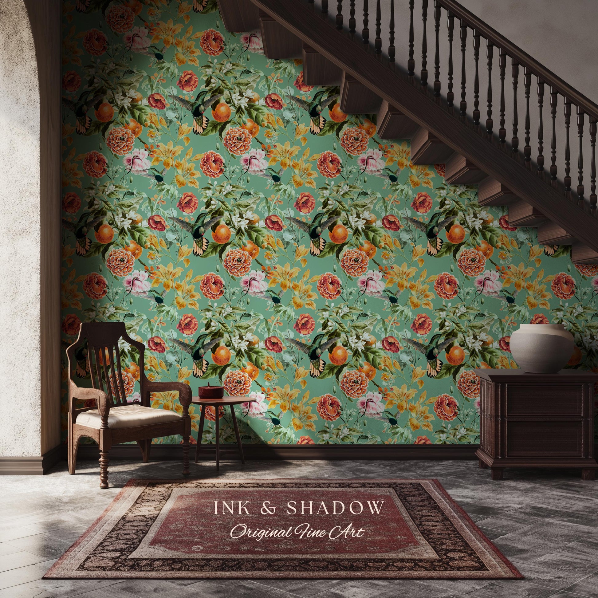 Ornate Maximalist Chinoiserie Wallpaper | Hummingbird Floral Teal Blue Botanical Print Peel and Stick Traditional Decor Renter Friendly