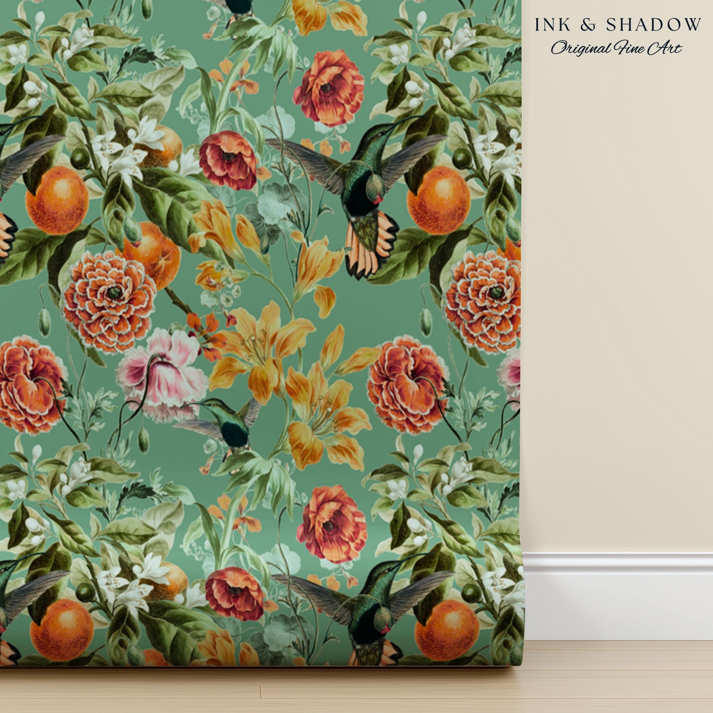 Ornate Maximalist Chinoiserie Wallpaper | Hummingbird Floral Teal Blue Botanical Print Peel and Stick Traditional Decor Renter Friendly