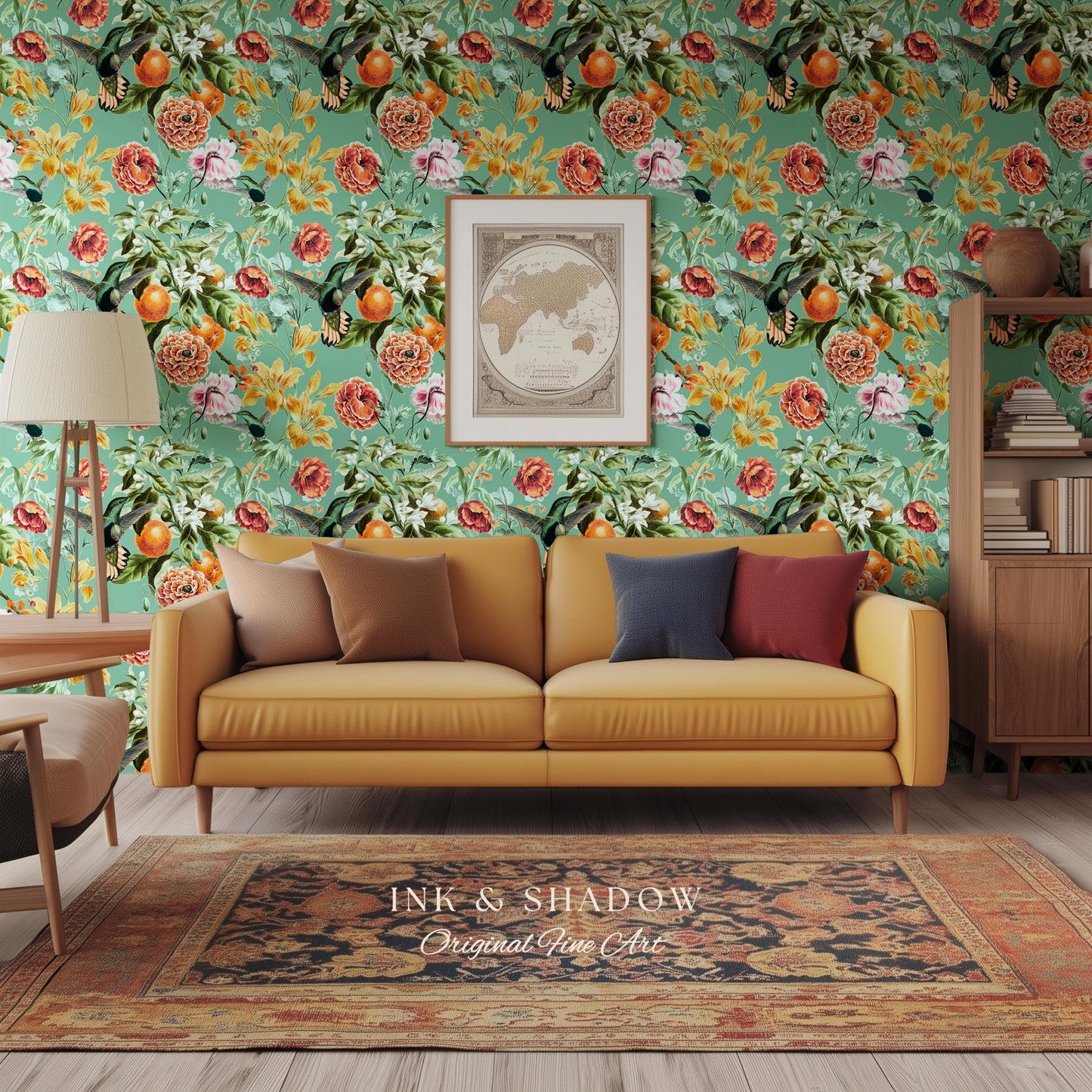 Ornate Maximalist Chinoiserie Wallpaper | Hummingbird Floral Teal Blue Botanical Print Peel and Stick Traditional Decor Renter Friendly