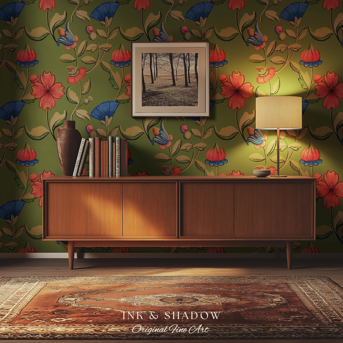 Vibrant Hibiscus Pattern Bold Wallpaper | Green Boho Botanical Folk Floral Home Decor Olive Wall Art Peel & Stick Vintage Inspired Statement