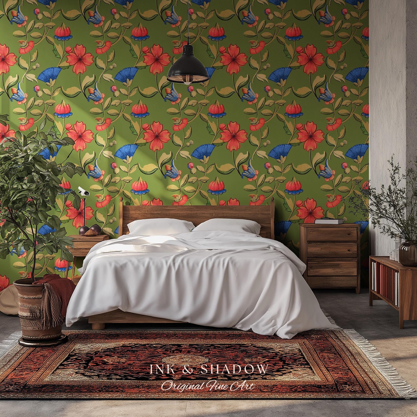 Vibrant Hibiscus Pattern Bold Wallpaper | Green Boho Botanical Folk Floral Home Decor Olive Wall Art Peel & Stick Vintage Inspired Statement