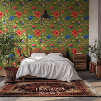 Vibrant Hibiscus Pattern Bold Wallpaper | Green Boho Botanical Folk Floral Home Decor Olive Wall Art Peel & Stick Vintage Inspired Statement