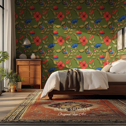 Vibrant Hibiscus Pattern Bold Wallpaper | Green Boho Botanical Folk Floral Home Decor Olive Wall Art Peel & Stick Vintage Inspired Statement