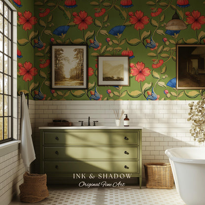 Vibrant Hibiscus Pattern Bold Wallpaper | Green Boho Botanical Folk Floral Home Decor Olive Wall Art Peel & Stick Vintage Inspired Statement