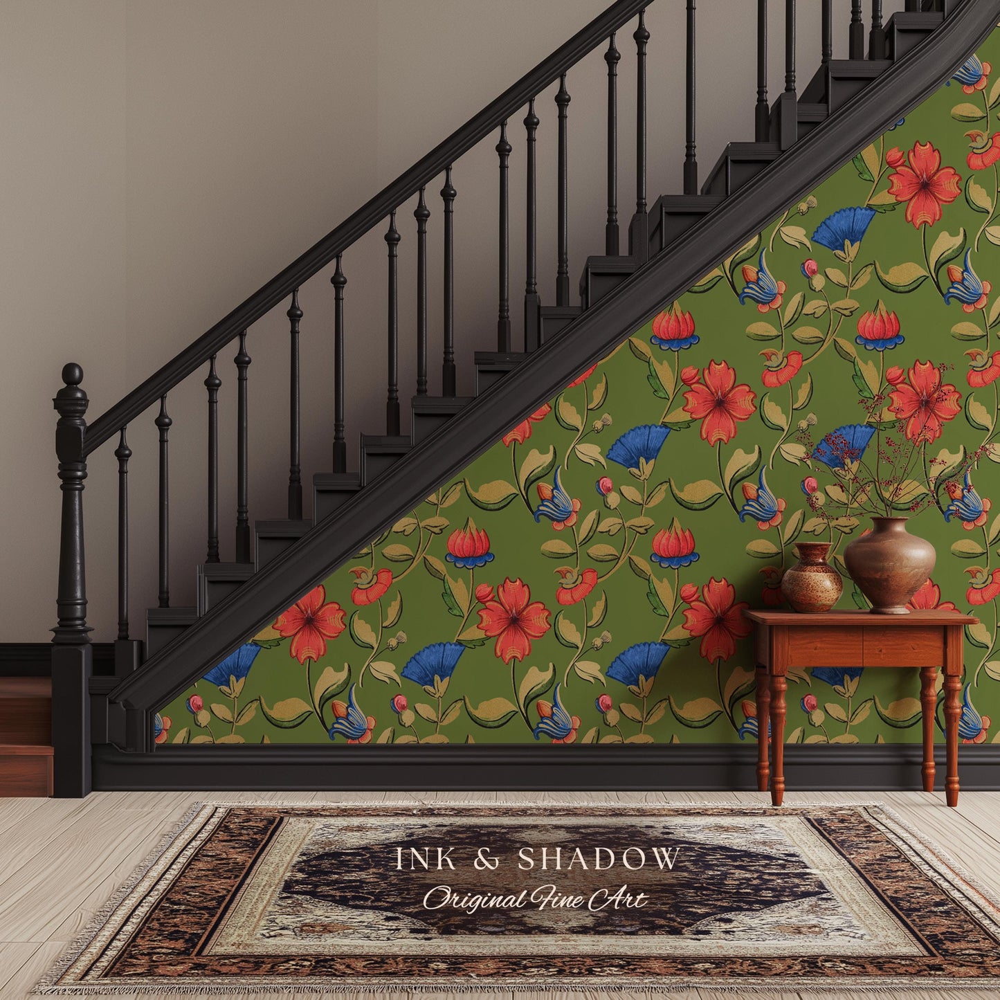 Vibrant Hibiscus Pattern Bold Wallpaper | Green Boho Botanical Folk Floral Home Decor Olive Wall Art Peel & Stick Vintage Inspired Statement