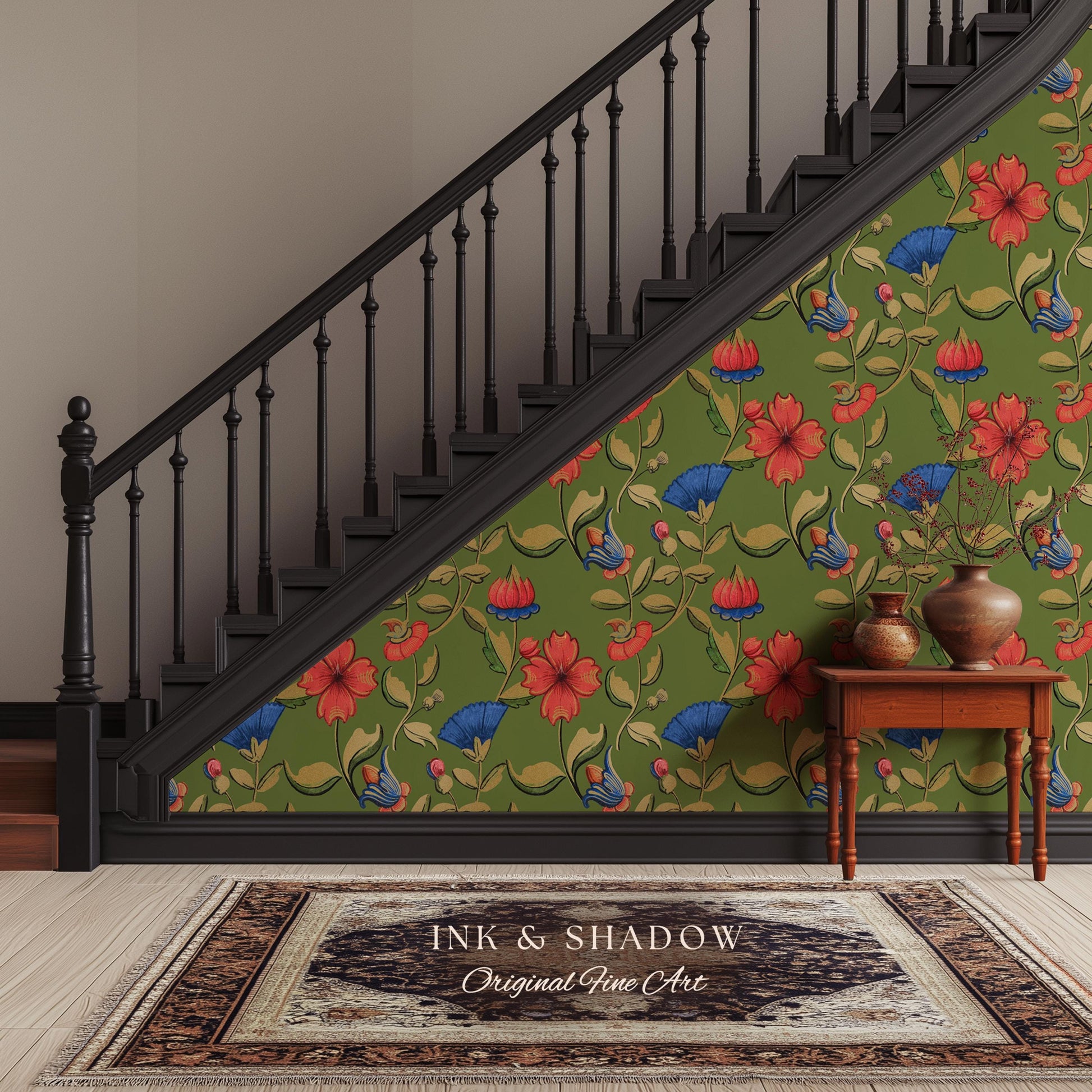 Vibrant Hibiscus Pattern Bold Wallpaper | Green Boho Botanical Folk Floral Home Decor Olive Wall Art Peel & Stick Vintage Inspired Statement