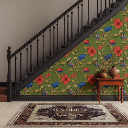 Vibrant Hibiscus Pattern Bold Wallpaper | Green Boho Botanical Folk Floral Home Decor Olive Wall Art Peel & Stick Vintage Inspired Statement