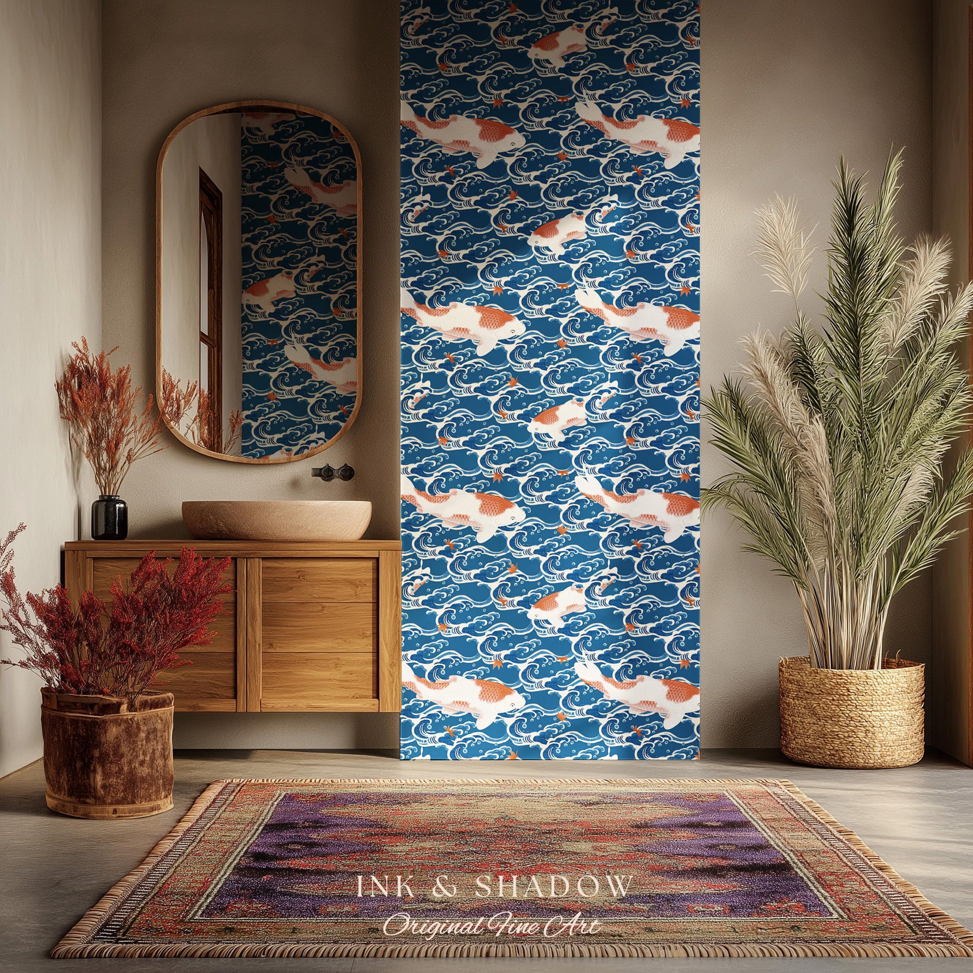 Koi Fish Vintage Costal Pattern Wallpaper | Ocean Print Japanese Inspired Blue Wave Art Renter Friendly Statement Wall for Modern Interiors