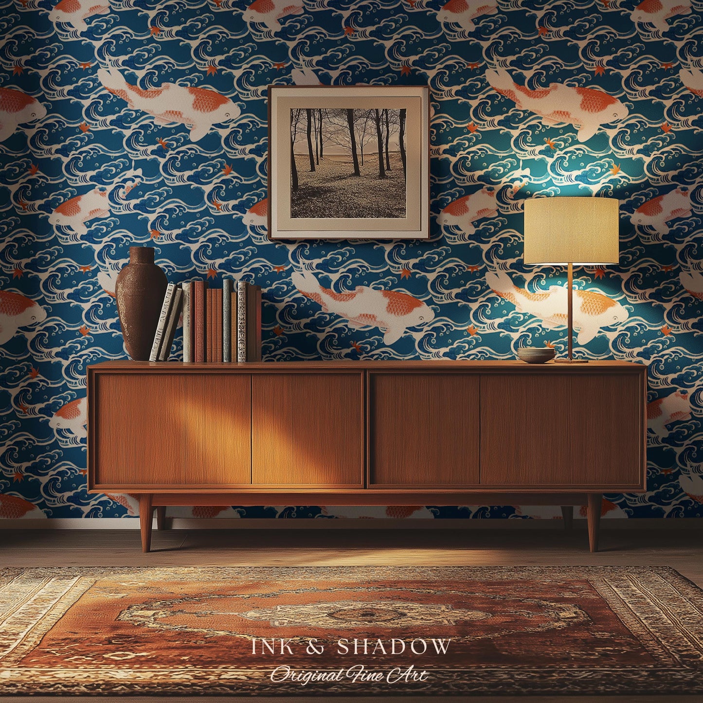 Koi Fish Vintage Costal Pattern Wallpaper | Ocean Print Japanese Inspired Blue Wave Art Renter Friendly Statement Wall for Modern Interiors