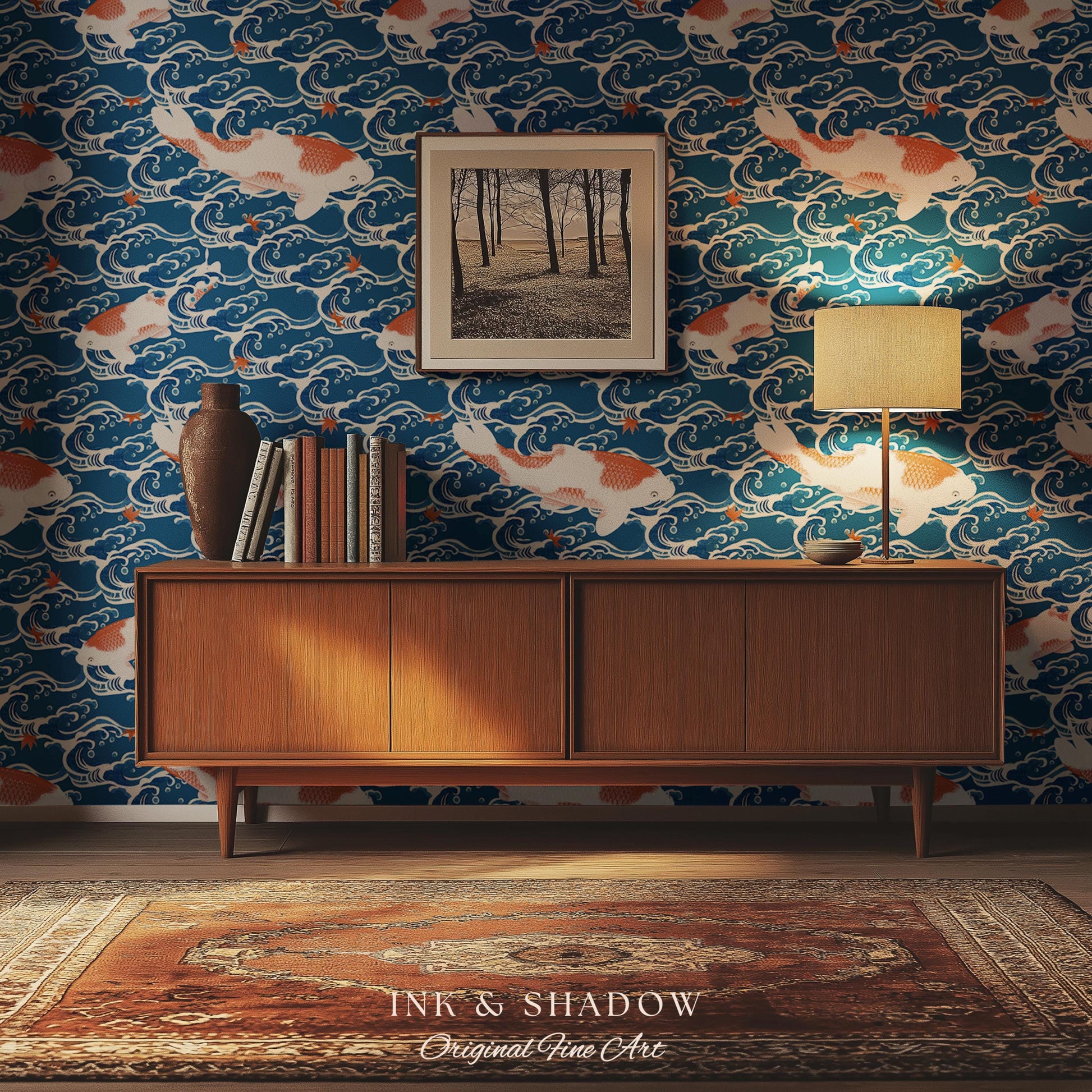 Koi Fish Vintage Costal Pattern Wallpaper | Ocean Print Japanese Inspired Blue Wave Art Renter Friendly Statement Wall for Modern Interiors