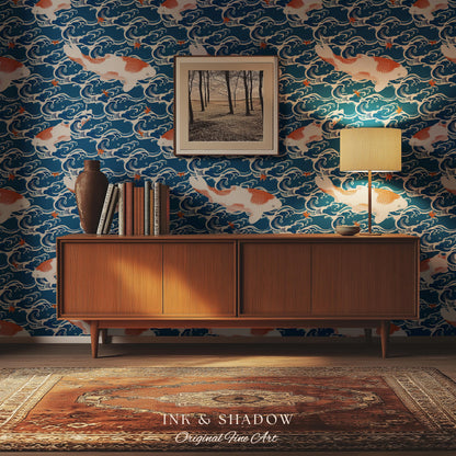 Koi Fish Vintage Costal Pattern Wallpaper | Ocean Print Japanese Inspired Blue Wave Art Renter Friendly Statement Wall for Modern Interiors