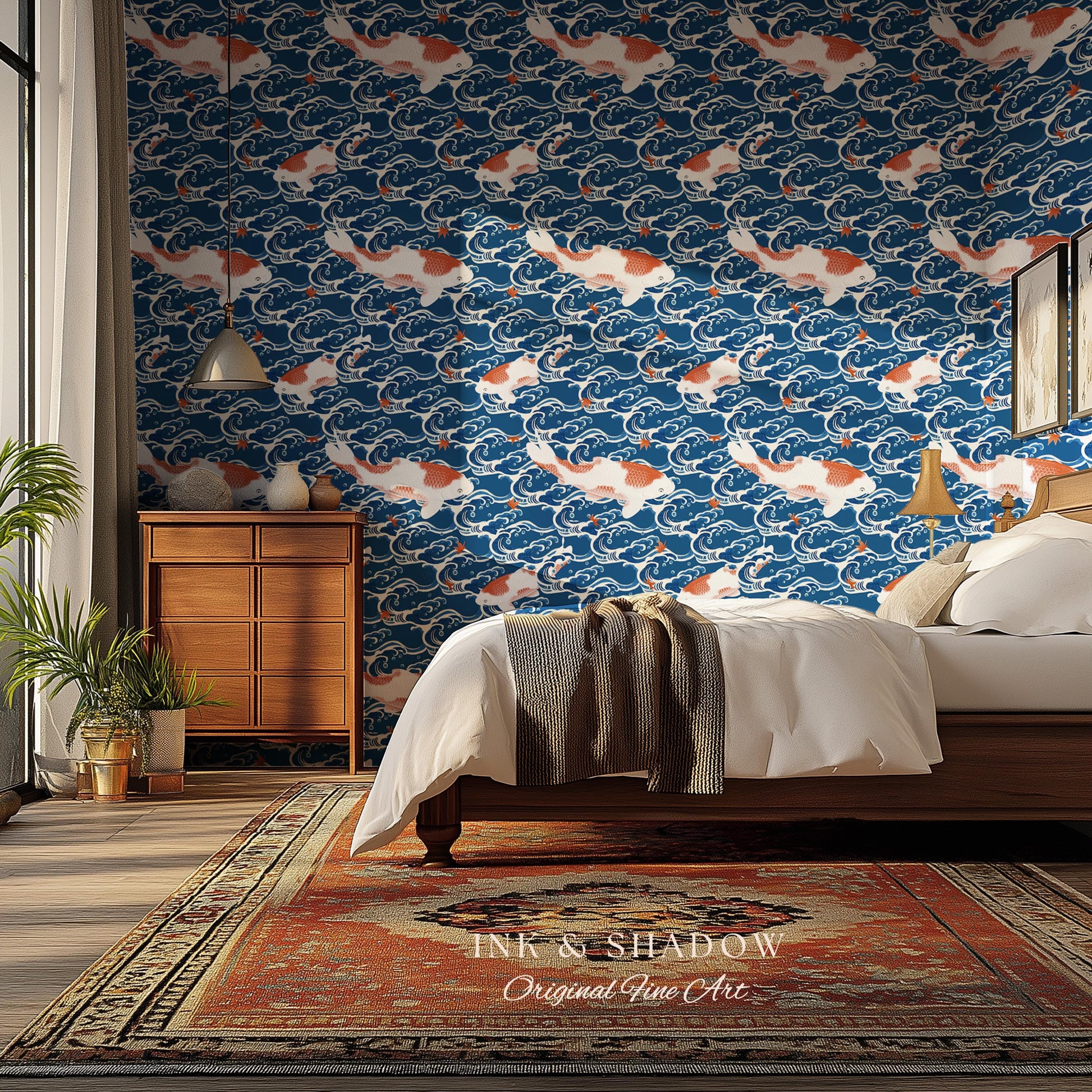 Koi Fish Vintage Costal Pattern Wallpaper | Ocean Print Japanese Inspired Blue Wave Art Renter Friendly Statement Wall for Modern Interiors