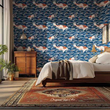 Koi Fish Vintage Costal Pattern Wallpaper | Ocean Print Japanese Inspired Blue Wave Art Renter Friendly Statement Wall for Modern Interiors