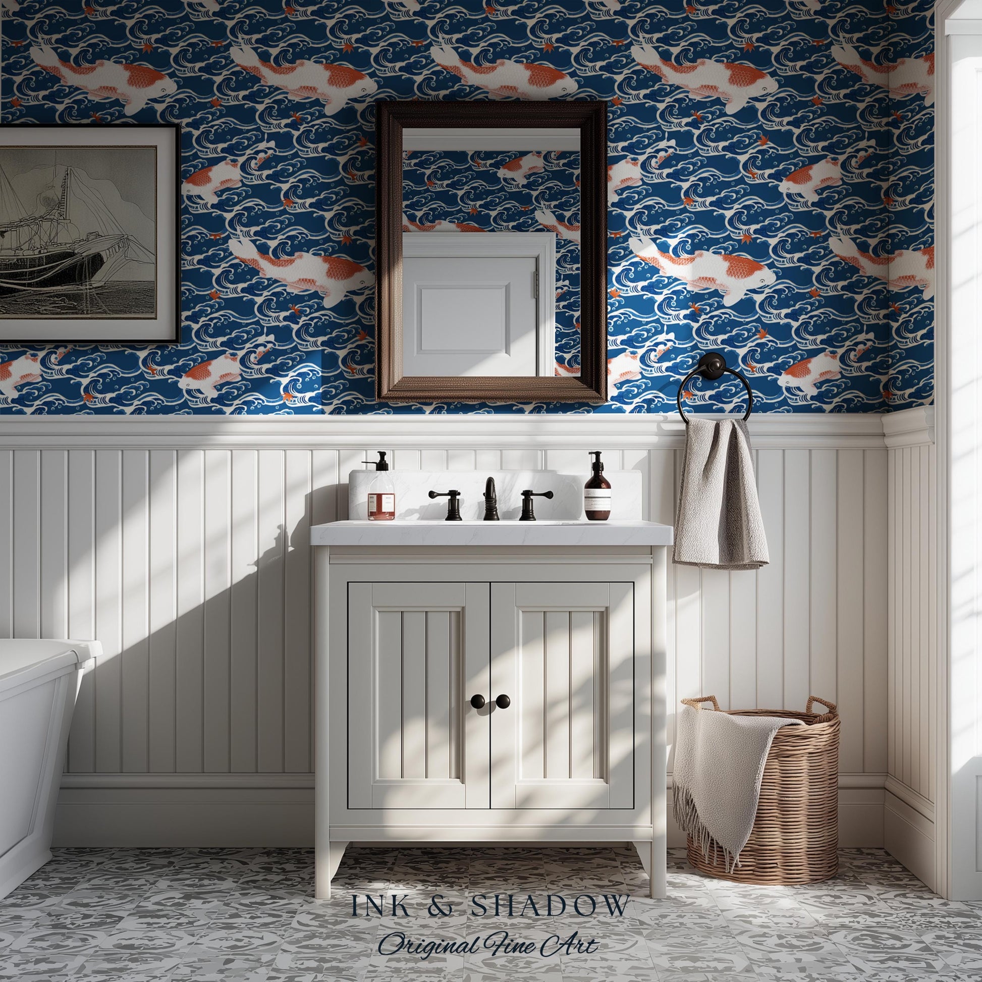 Koi Fish Vintage Costal Pattern Wallpaper | Ocean Print Japanese Inspired Blue Wave Art Renter Friendly Statement Wall for Modern Interiors