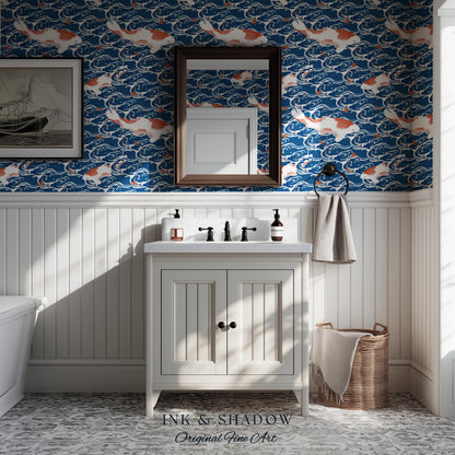 Koi Fish Vintage Costal Pattern Wallpaper | Ocean Print Japanese Inspired Blue Wave Art Renter Friendly Statement Wall for Modern Interiors