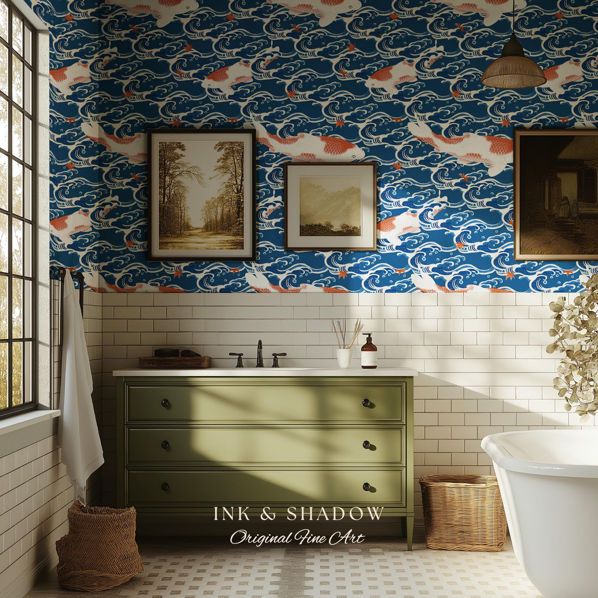 Koi Fish Vintage Costal Pattern Wallpaper | Ocean Print Japanese Inspired Blue Wave Art Renter Friendly Statement Wall for Modern Interiors