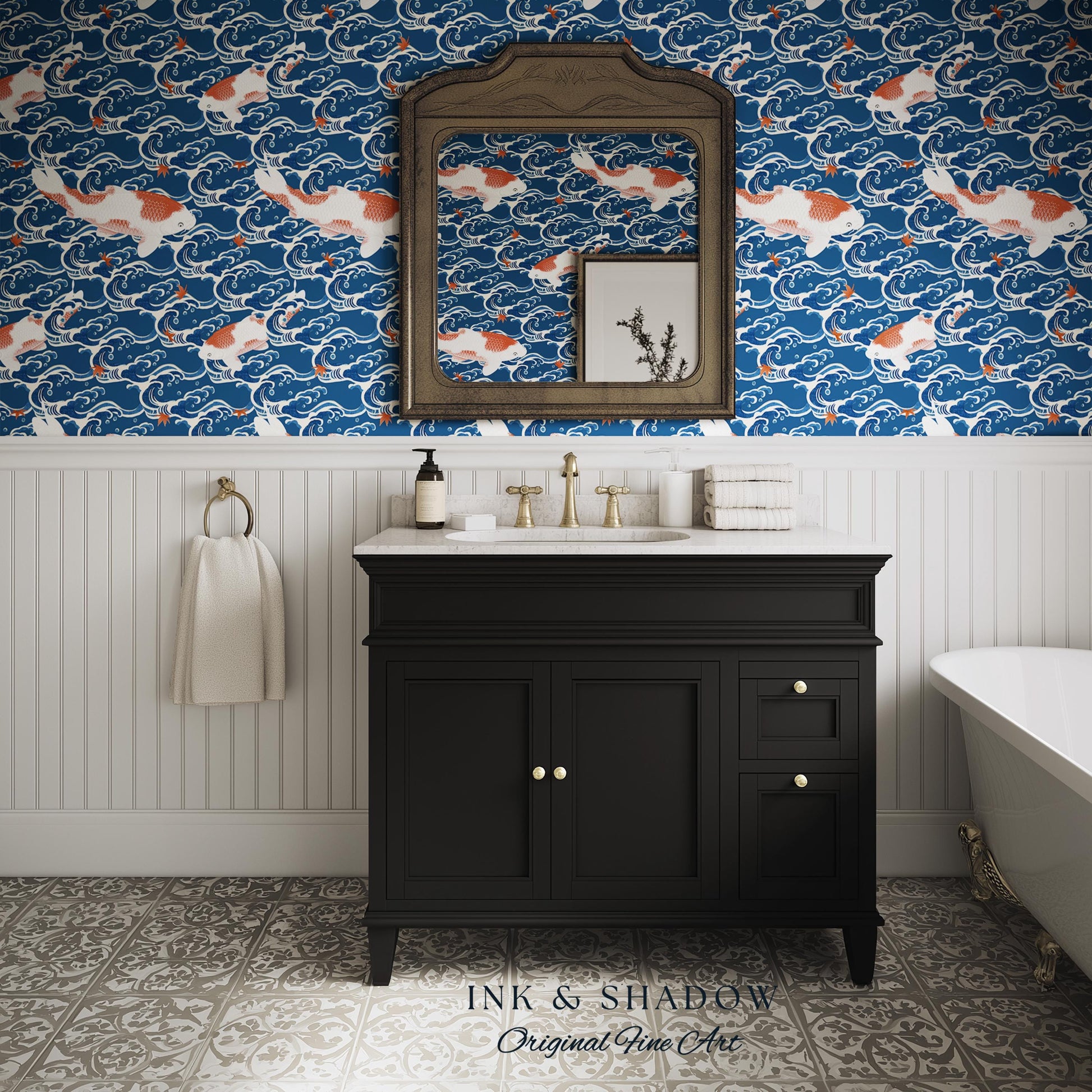 Koi Fish Vintage Costal Pattern Wallpaper | Ocean Print Japanese Inspired Blue Wave Art Renter Friendly Statement Wall for Modern Interiors