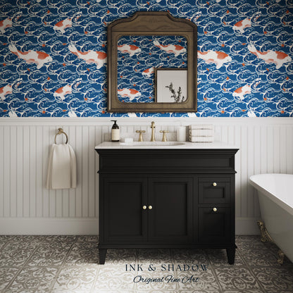 Koi Fish Vintage Costal Pattern Wallpaper | Ocean Print Japanese Inspired Blue Wave Art Renter Friendly Statement Wall for Modern Interiors