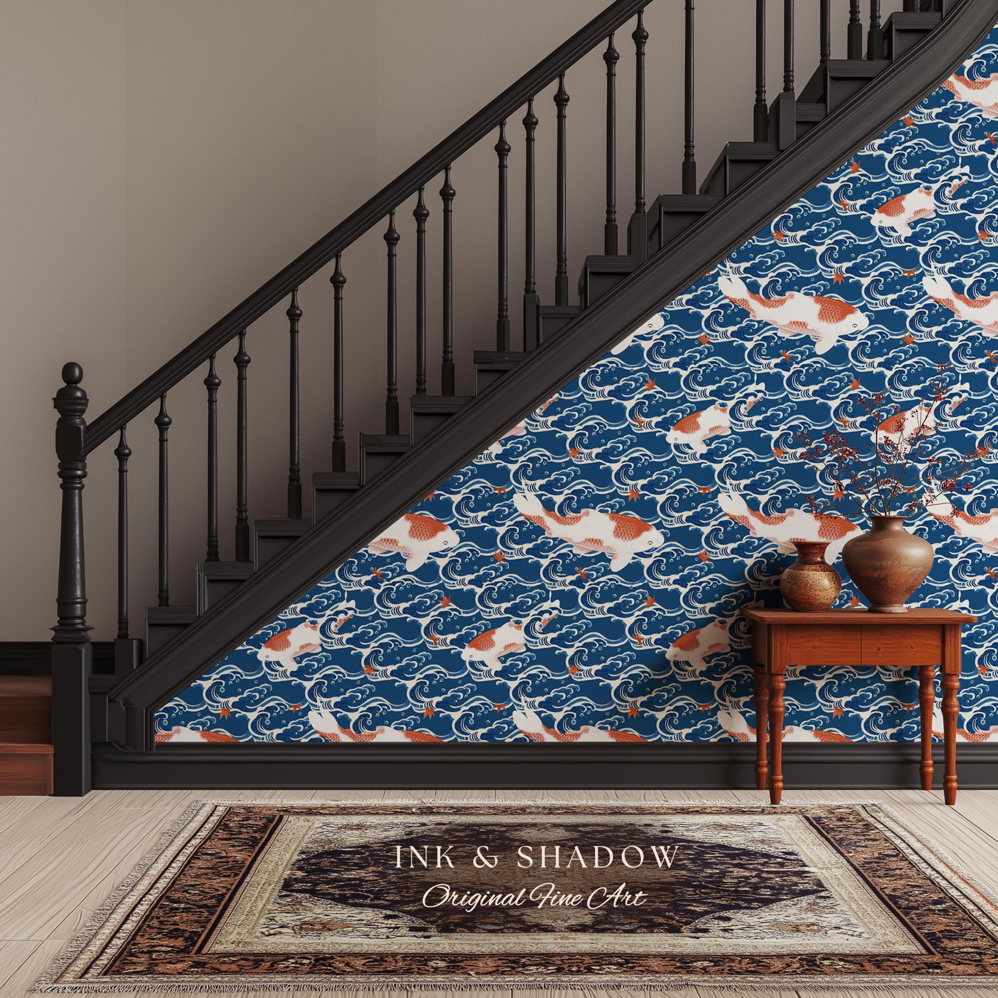 Koi Fish Vintage Costal Pattern Wallpaper | Ocean Print Japanese Inspired Blue Wave Art Renter Friendly Statement Wall for Modern Interiors
