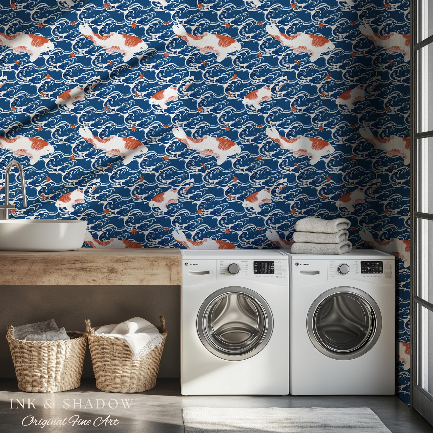 Koi Fish Vintage Costal Pattern Wallpaper | Ocean Print Japanese Inspired Blue Wave Art Renter Friendly Statement Wall for Modern Interiors