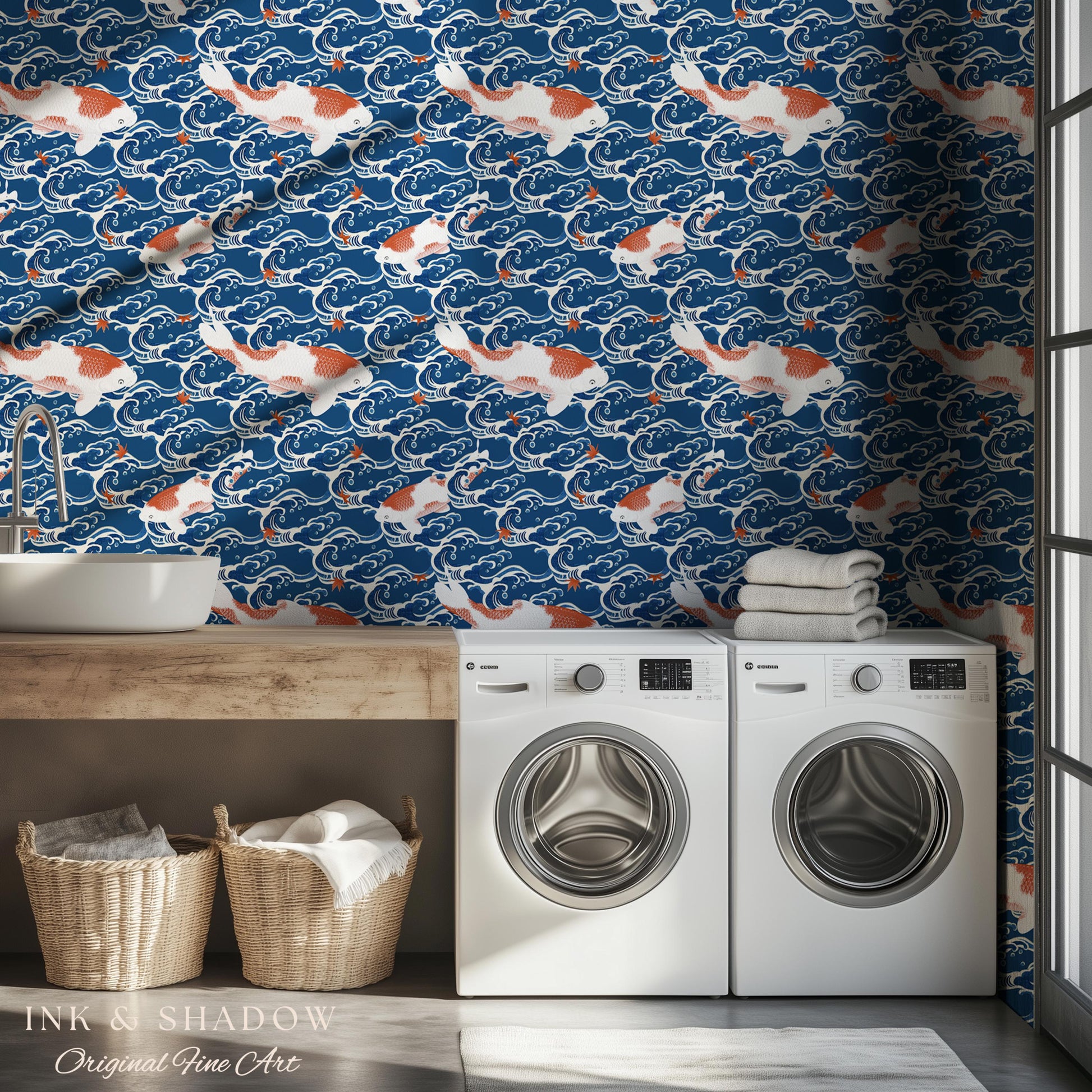 Koi Fish Vintage Costal Pattern Wallpaper | Ocean Print Japanese Inspired Blue Wave Art Renter Friendly Statement Wall for Modern Interiors