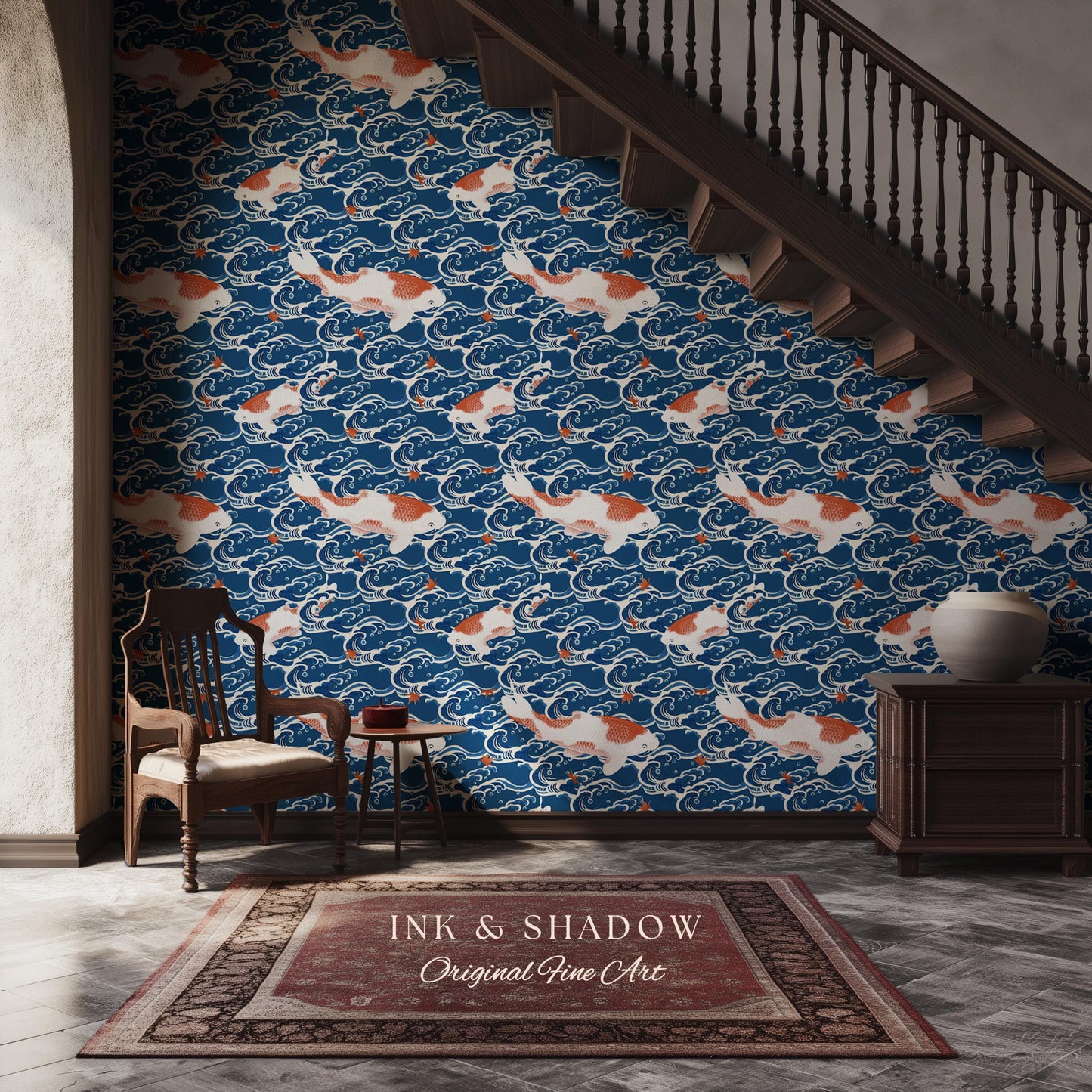 Koi Fish Vintage Costal Pattern Wallpaper | Ocean Print Japanese Inspired Blue Wave Art Renter Friendly Statement Wall for Modern Interiors