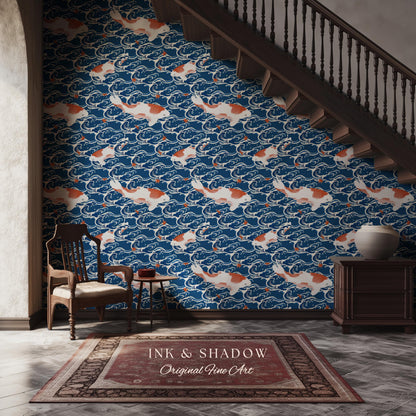 Koi Fish Vintage Costal Pattern Wallpaper | Ocean Print Japanese Inspired Blue Wave Art Renter Friendly Statement Wall for Modern Interiors