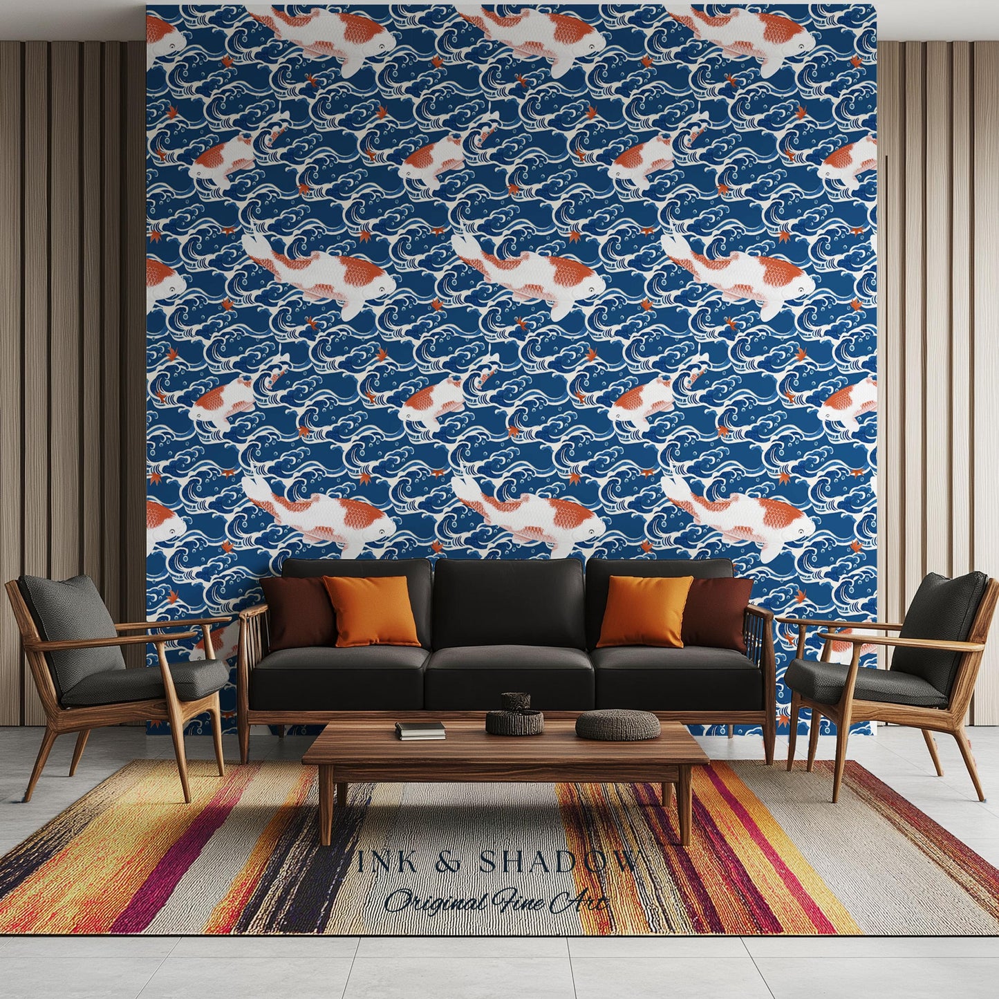 Koi Fish Vintage Costal Pattern Wallpaper | Ocean Print Japanese Inspired Blue Wave Art Renter Friendly Statement Wall for Modern Interiors