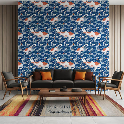 Koi Fish Vintage Costal Pattern Wallpaper | Ocean Print Japanese Inspired Blue Wave Art Renter Friendly Statement Wall for Modern Interiors