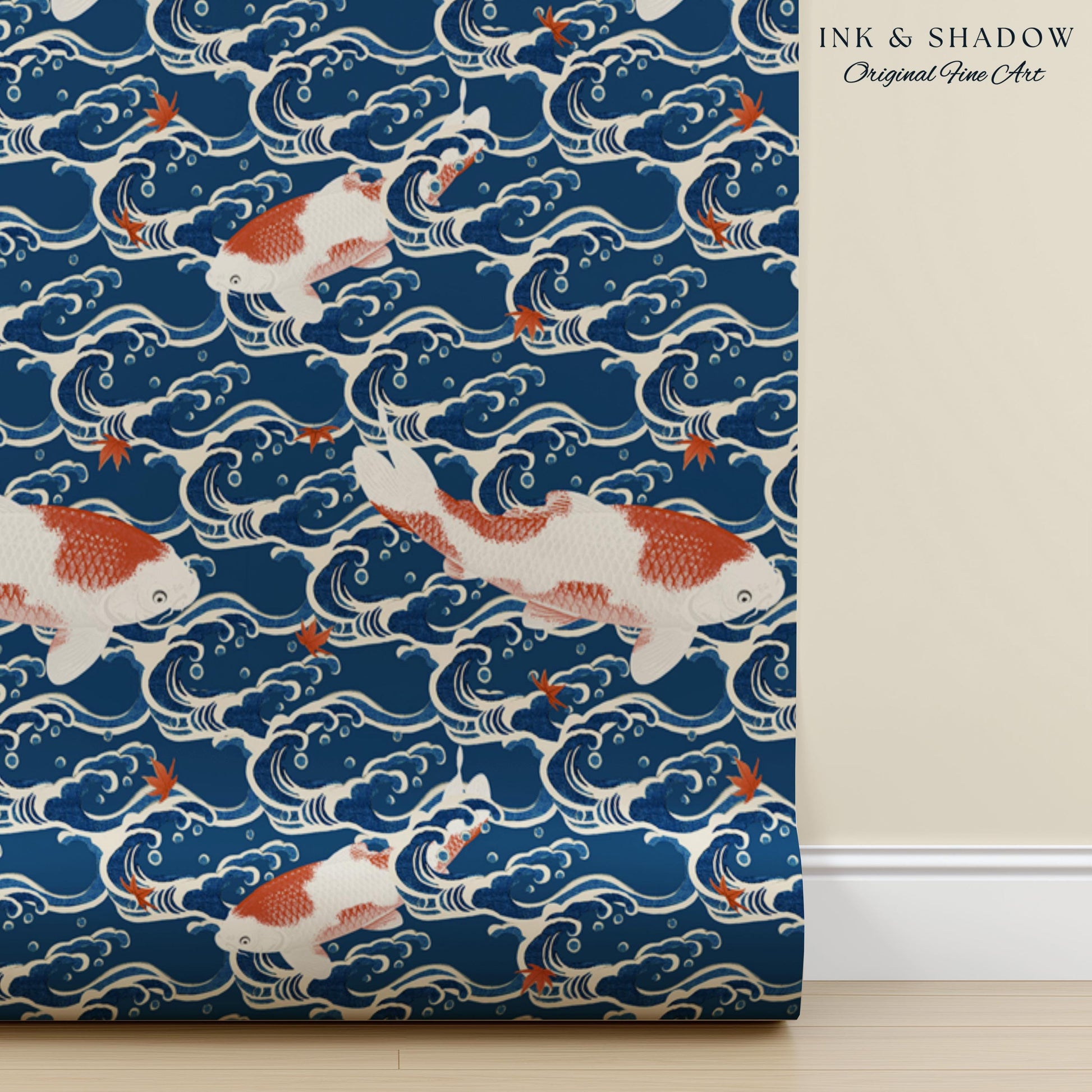Koi Fish Vintage Costal Pattern Wallpaper | Ocean Print Japanese Inspired Blue Wave Art Renter Friendly Statement Wall for Modern Interiors