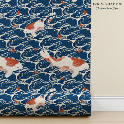 Koi Fish Vintage Costal Pattern Wallpaper | Ocean Print Japanese Inspired Blue Wave Art Renter Friendly Statement Wall for Modern Interiors