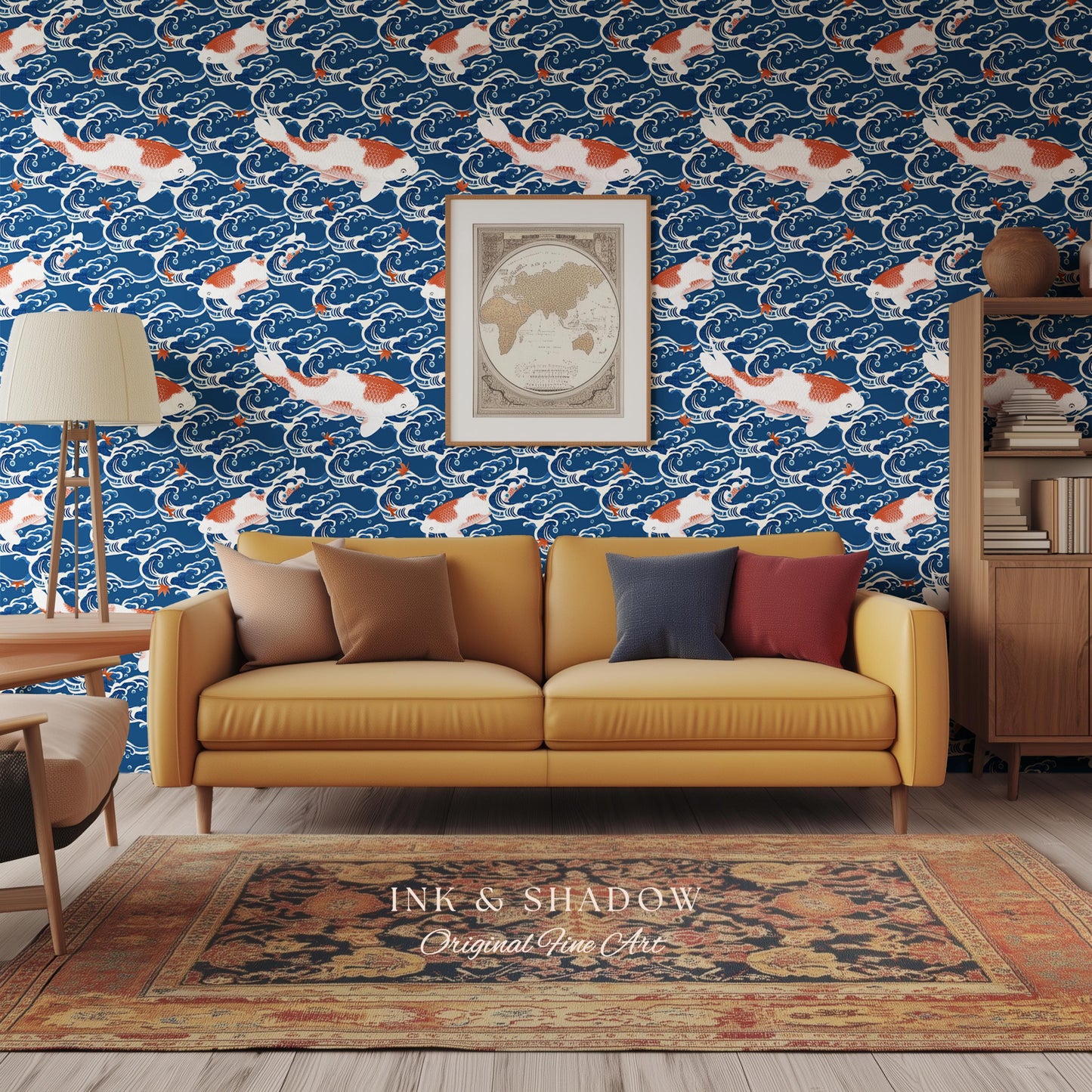 Koi Fish Vintage Costal Pattern Wallpaper | Ocean Print Japanese Inspired Blue Wave Art Renter Friendly Statement Wall for Modern Interiors
