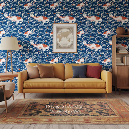 Koi Fish Vintage Costal Pattern Wallpaper | Ocean Print Japanese Inspired Blue Wave Art Renter Friendly Statement Wall for Modern Interiors