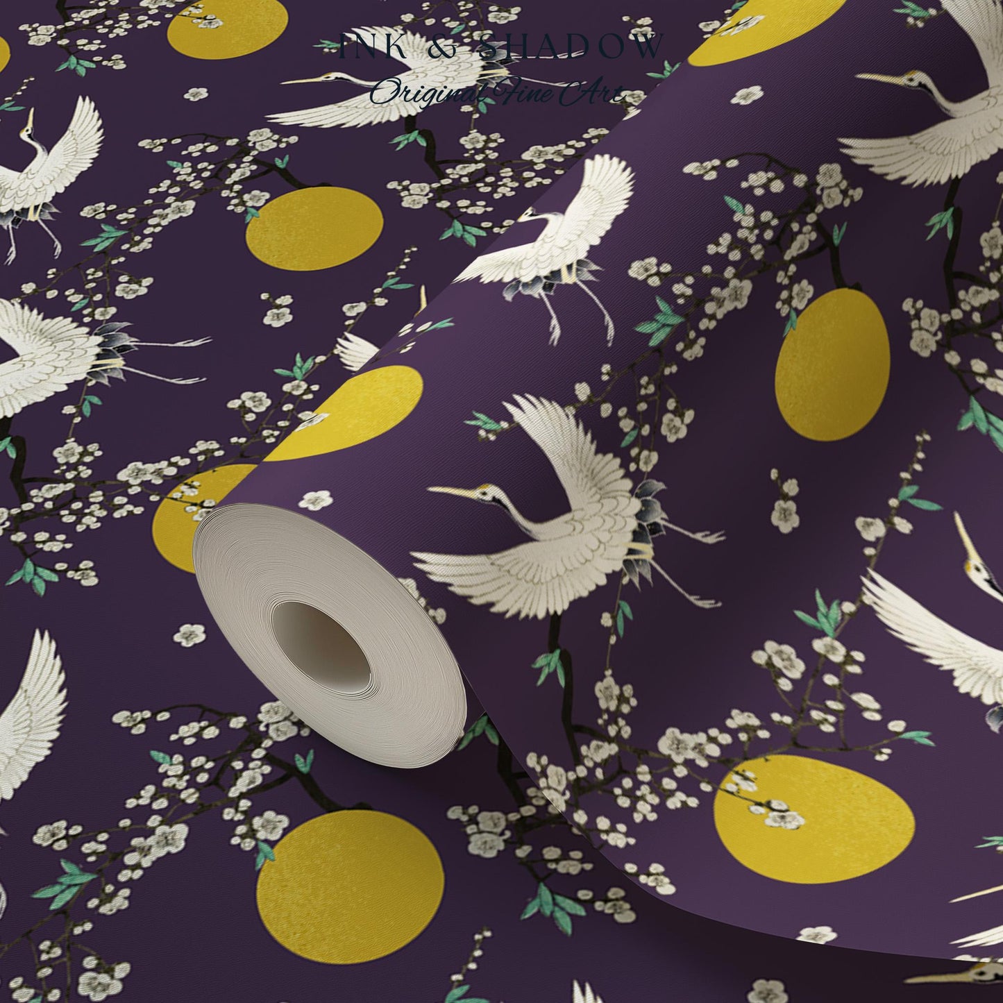 Crane and Golden Sun Statement Wallpaper | High Contrast Bold Home Decor Deep Plum Luxury Peel & Stick Japanese Inspired Eclectic Design