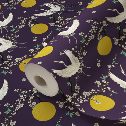 Crane and Golden Sun Statement Wallpaper | High Contrast Bold Home Decor Deep Plum Luxury Peel & Stick Japanese Inspired Eclectic Design