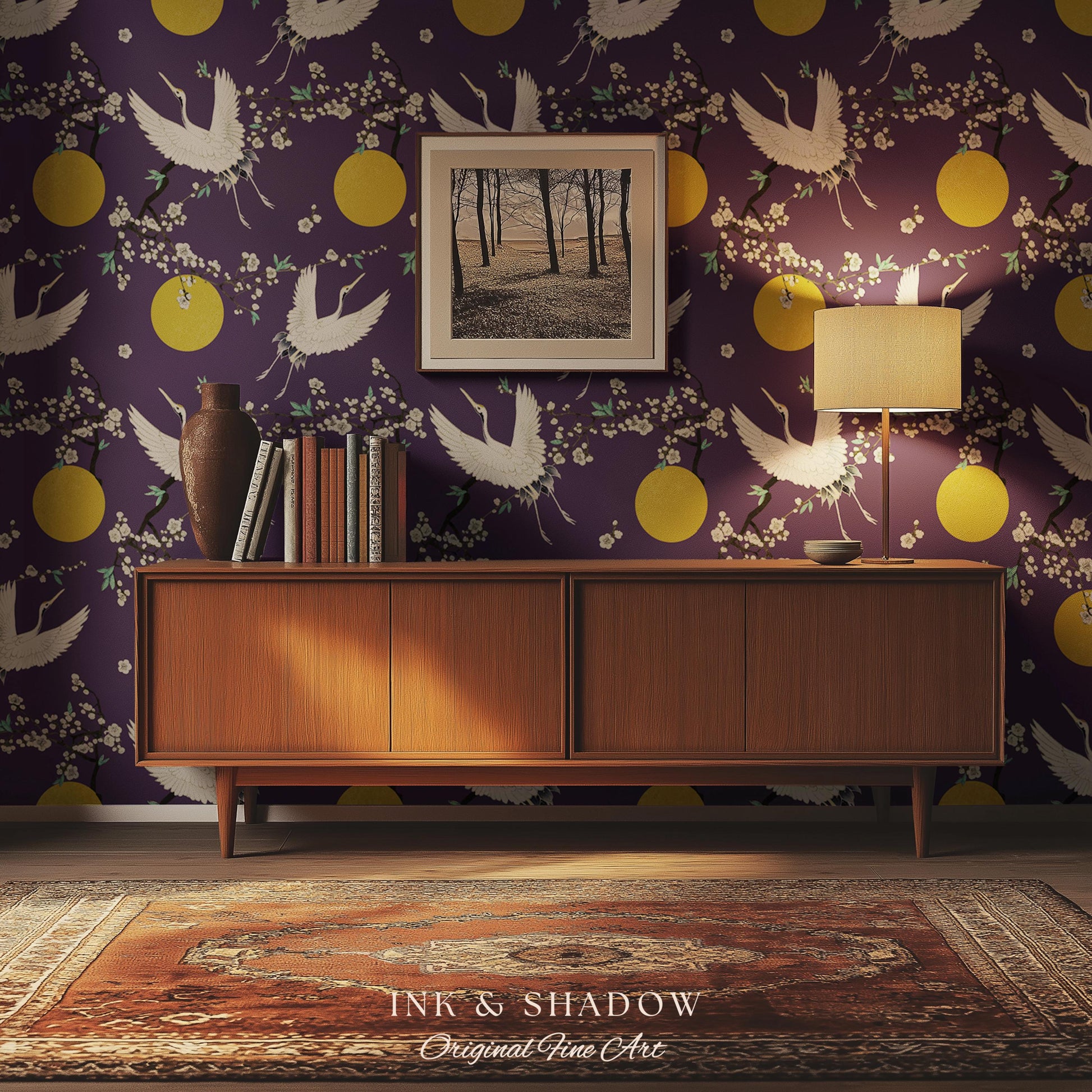 Crane and Golden Sun Statement Wallpaper | High Contrast Bold Home Decor Deep Plum Luxury Peel & Stick Japanese Inspired Eclectic Design